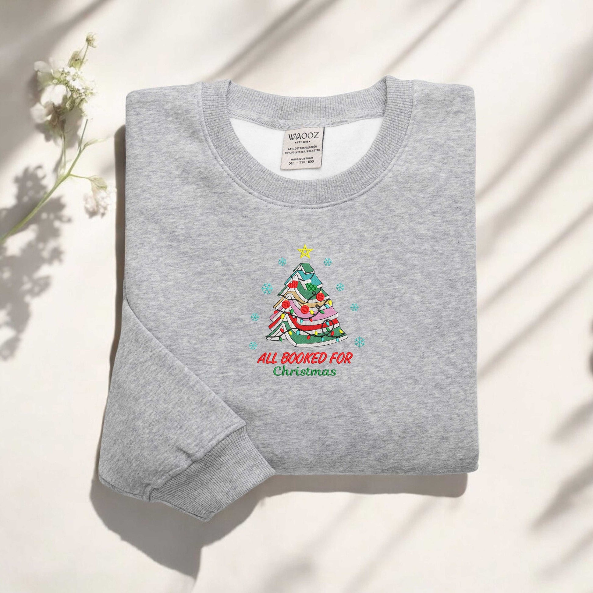 Embroidered All Booked For Christmas Sweatshirt Gift for Librarian Bookworm Christmas Sweater Christmas Book Tree Sweatshirt