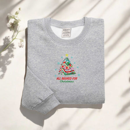 Embroidered All Booked For Christmas Sweatshirt Gift for Librarian Bookworm Christmas Sweater Christmas Book Tree Sweatshirt