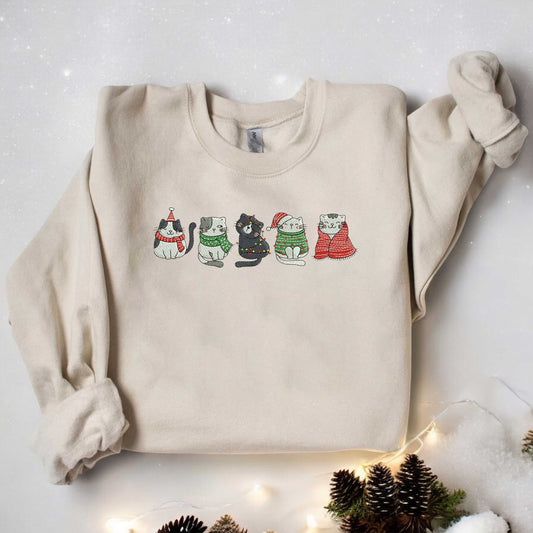 Cute Cat Christmas Sweatshirt Embroidered Cat Sweatshirt Cat Lover Gift For Christmas Cat Mommy Sweatshirt Winter Shirt Christmas Sweatshirt