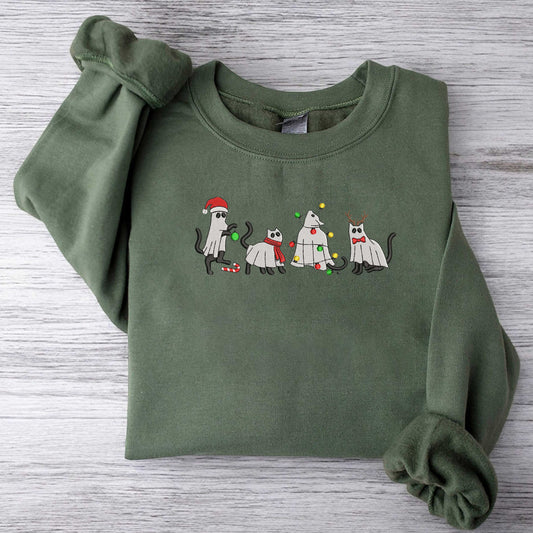 Embroidered Ghost Cat Sweatshirt Christmas Embroidered Sweatshirt Cute Christmas Cat Sweatshirt Meowy Christmas Sweatshirt Holiday Sweater