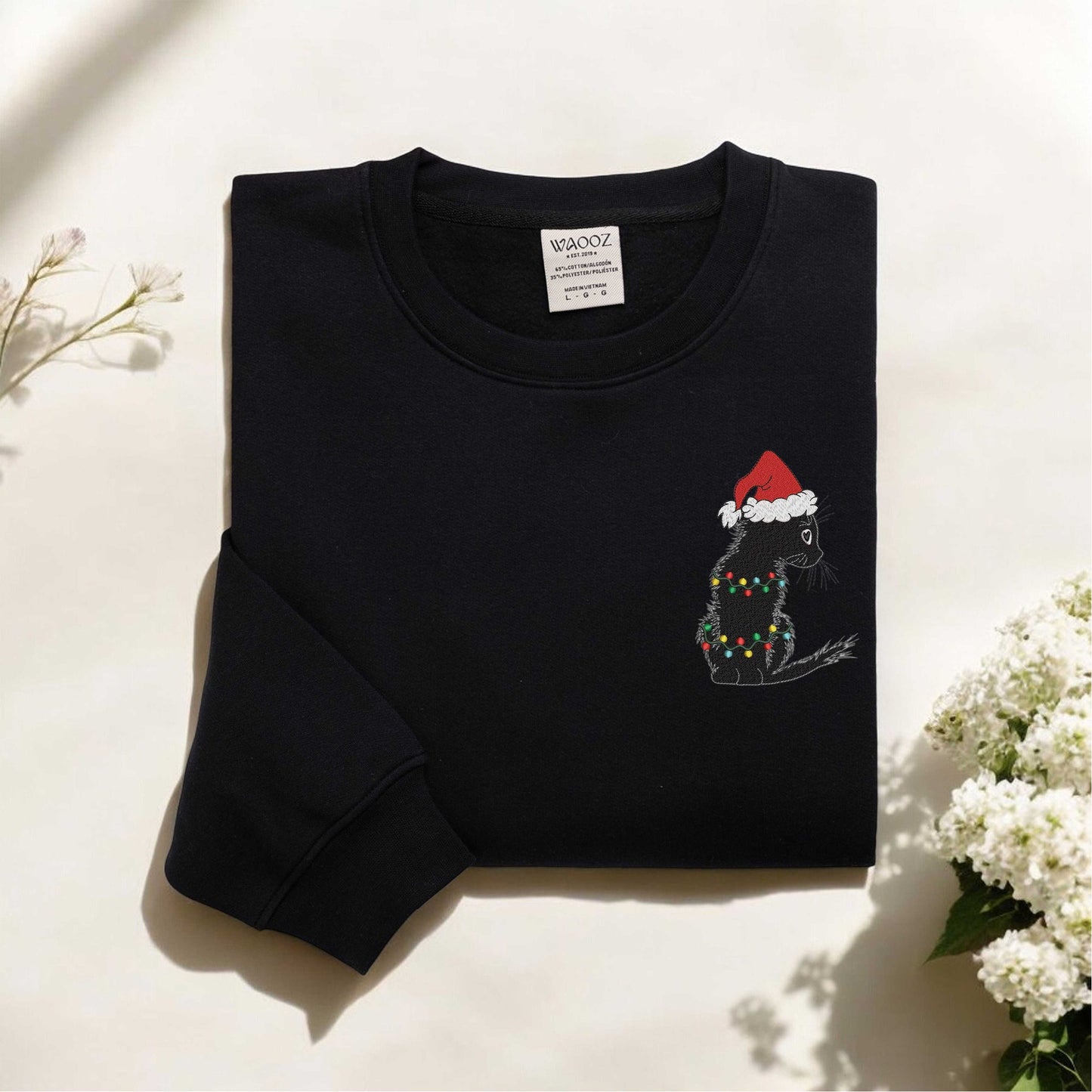 Embroidered Black Cat Sweatshirt Christmas Embroidered Sweatshirt Meowy Christmas Sweatshirt Gift for Cat Lovers Black Cat Lover Gift