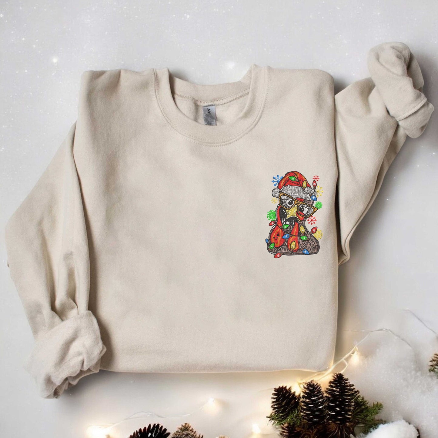 Embroidered Christmas Chicken Sweatshirt Chicken Christmas Light Sweatshirt Funny Christmas Chicken Sweatshirt Funny Animals Sweatshirt