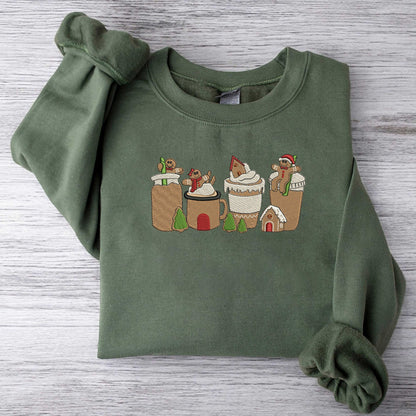 Embroidered Gingerbread Christmas Coffee Sweatshirt Christmas Coffee Sweatshirt Women Holiday Sweater Xmas Sweatshirt Coffee Lover gift