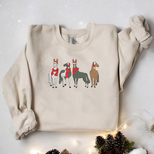 Embroidered Horse Christmas Sweatshirt Western Christmas Horse Sweatshirt Womens Christmas Sweater Horse Lover Gift Holiday Sweater