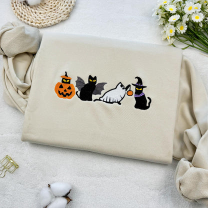 Embroidered Witch Cat Sweatshirt, Halloween Witch Cat Embroidered Sweatshirt, Oversized Crew Neck Sweatshirt or Hoodie, Unisex T-shirt