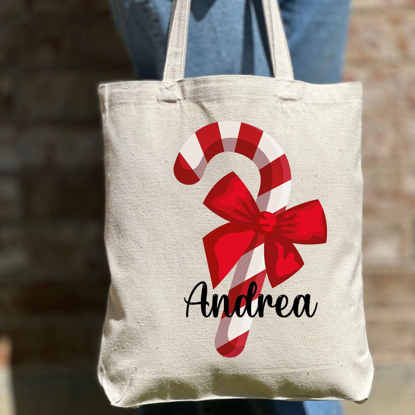 Custom Christmas Candy Cane Tote Bag, Personalized Christmas Tote Bag, Holiday Bag, Christmas Gift Bag, Vacation Tote Bag, Name Tote Bag