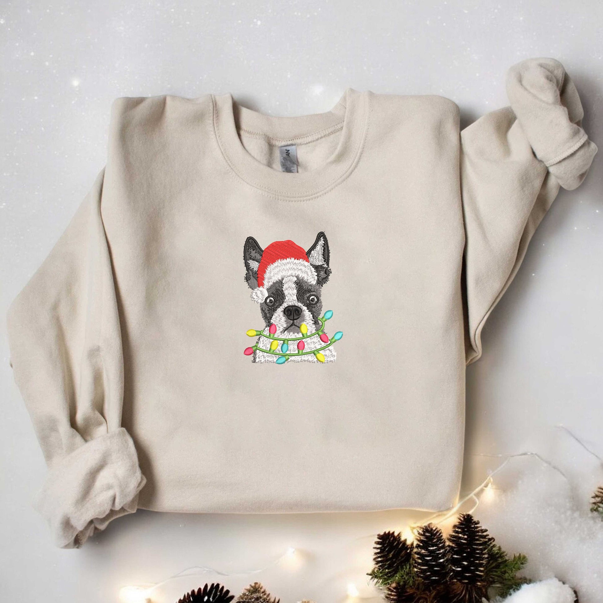 Embroidered Boston Terrier Santa Sweatshirt Christmas Dog Sweatshirt Santa Dog Sweatshirt Dog Lover Embroidered Sweatshirt Holiday Gifts