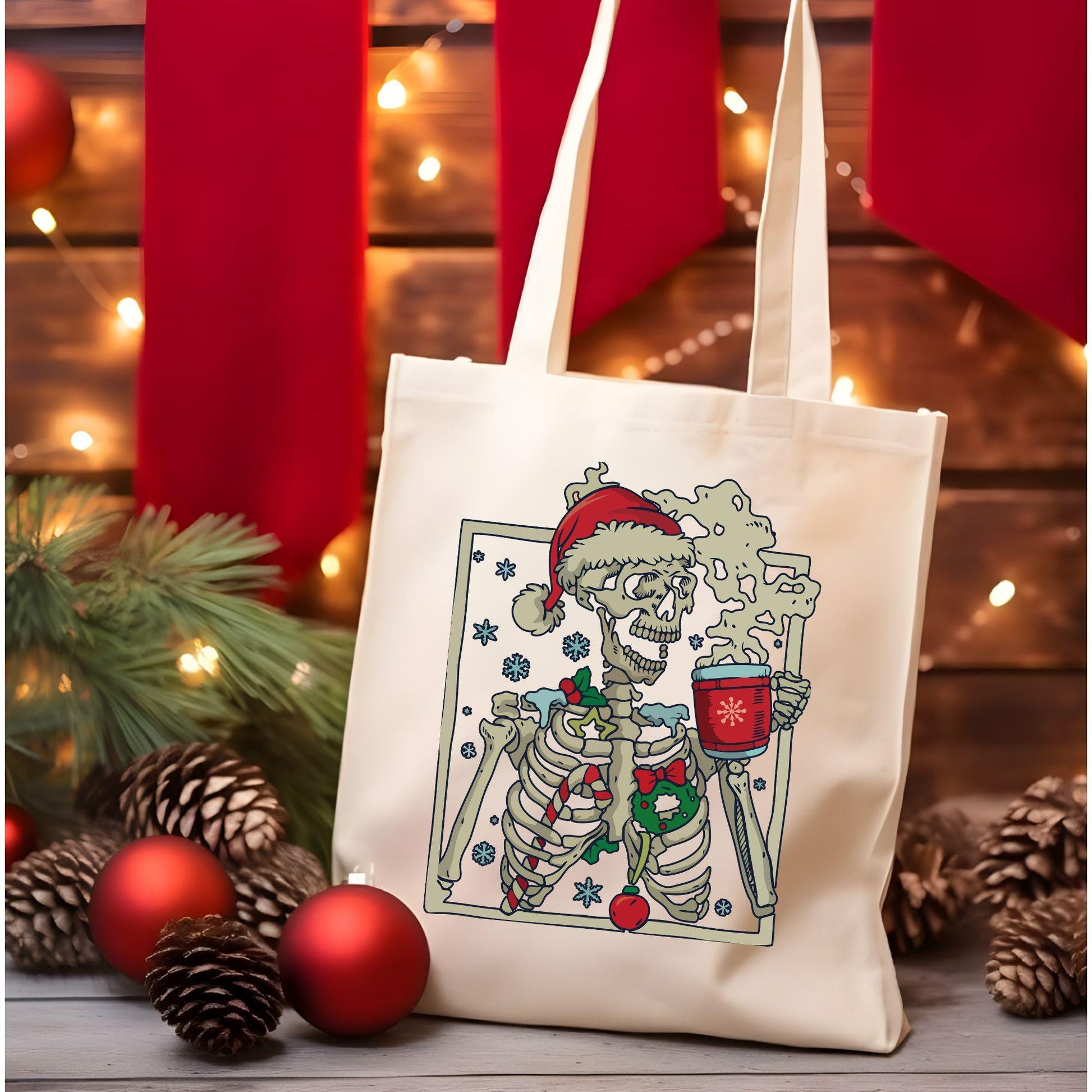 Christmas Skeleton with Coffee Tote Bag,Christmas Funny Tote Bag, Holiday Bag, Christmas Gift Bag, Vacation Tote Bag,Christmas Gift Tote Bag