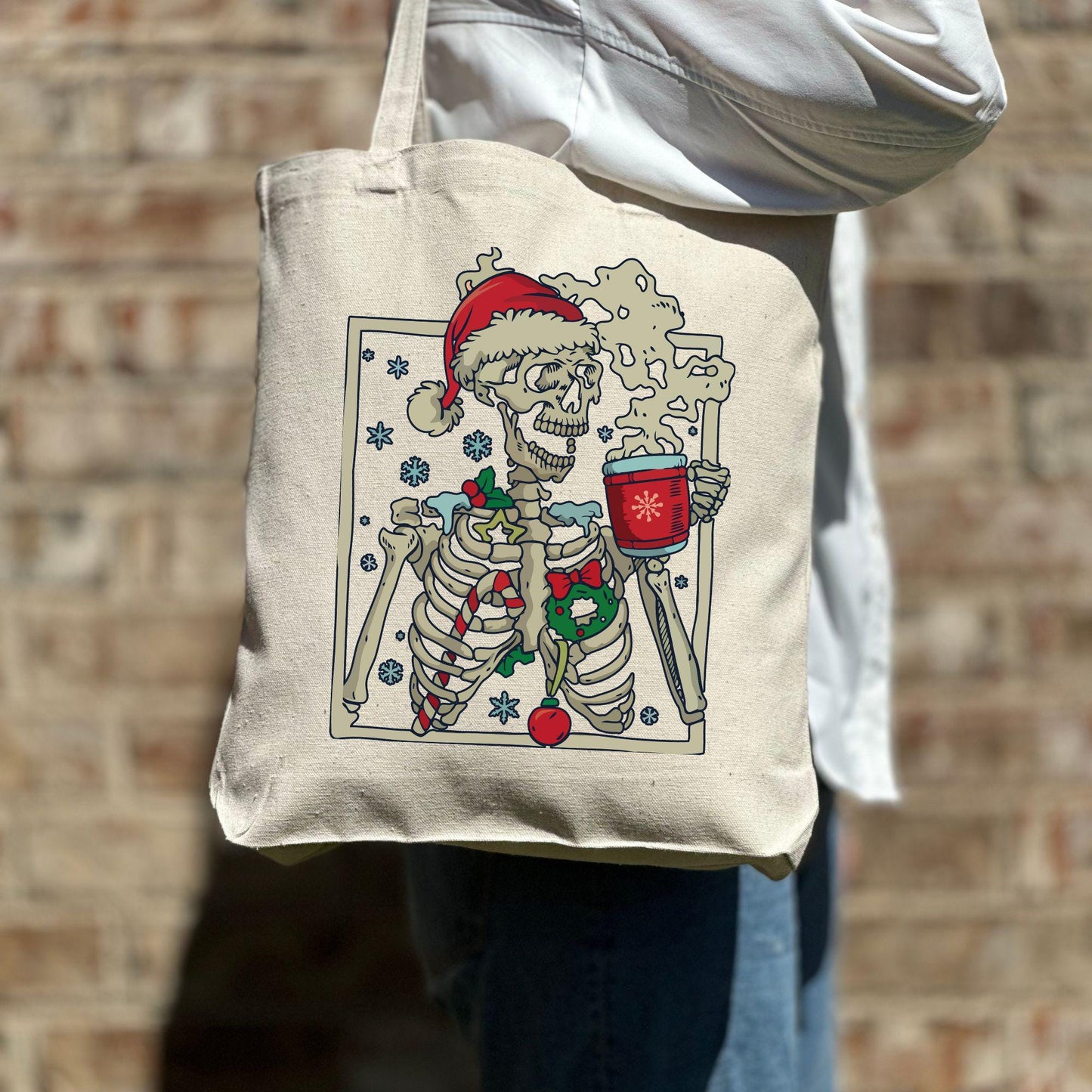 Christmas Skeleton with Coffee Tote Bag,Christmas Funny Tote Bag, Holiday Bag, Christmas Gift Bag, Vacation Tote Bag,Christmas Gift Tote Bag