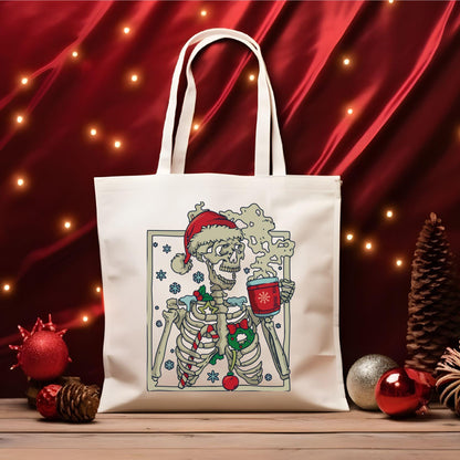 Christmas Skeleton with Coffee Tote Bag,Christmas Funny Tote Bag, Holiday Bag, Christmas Gift Bag, Vacation Tote Bag,Christmas Gift Tote Bag