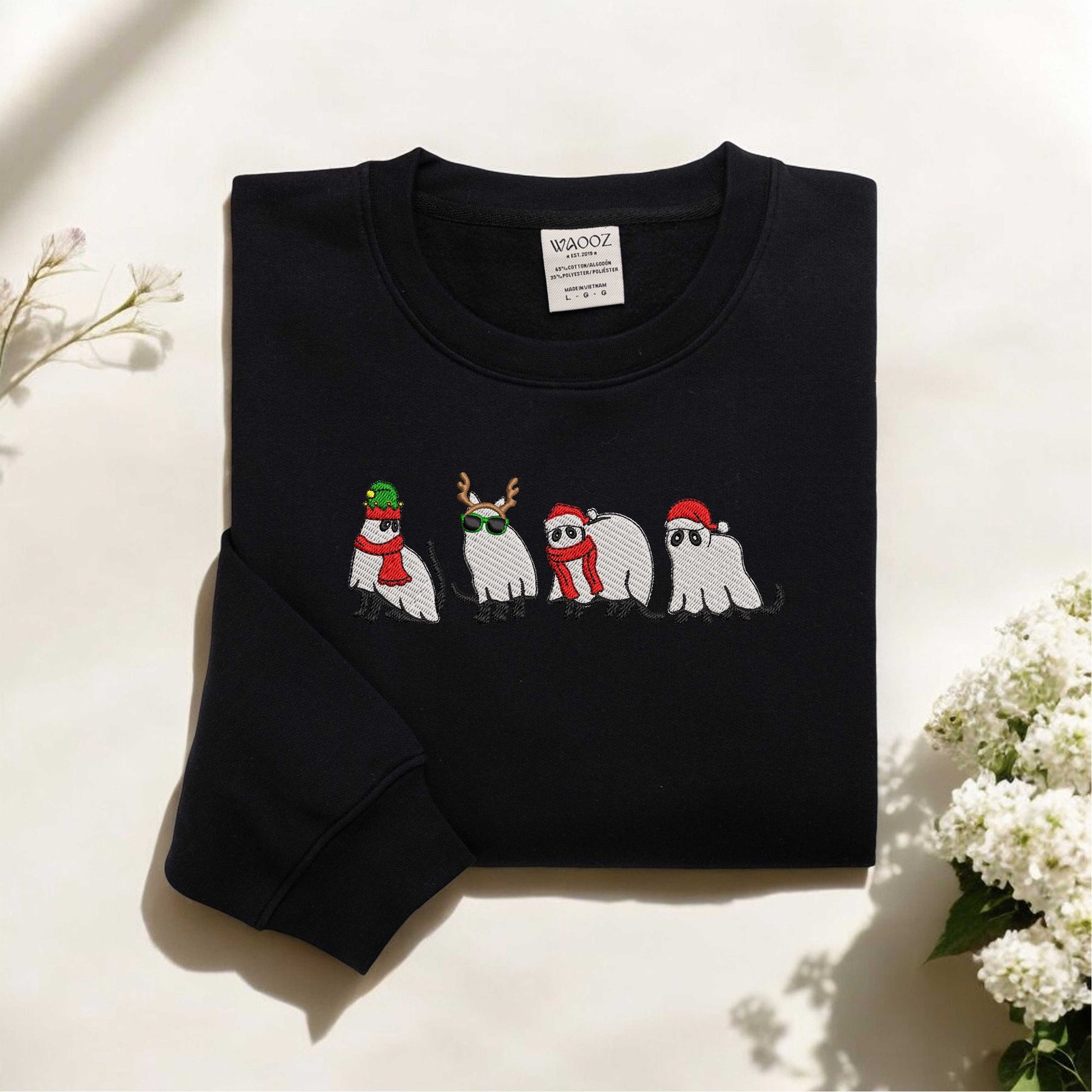 Embroidered Black Cat Ghost Christmas Sweatshirt Ghost Cat Sweatshirt Cat Christmas Sweater Funny Christmas Cat Sweatshirt Xmas Gifts