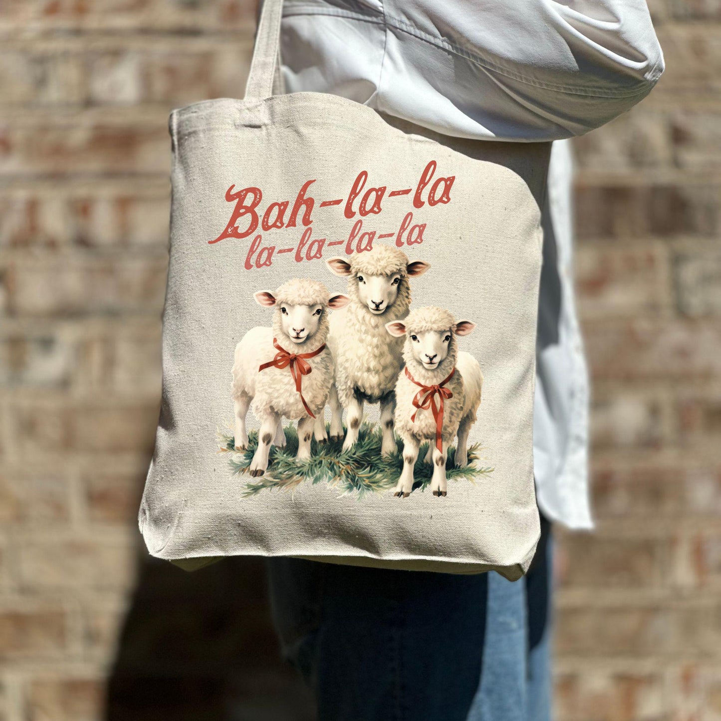 Funny Christmas Sheep Tote Bag, Christmas Cute Bah La La Tote Bag, Holiday Bag, Christmas Gift Bag, Xmas Vacation Tote Bag, Gift Tote Bag