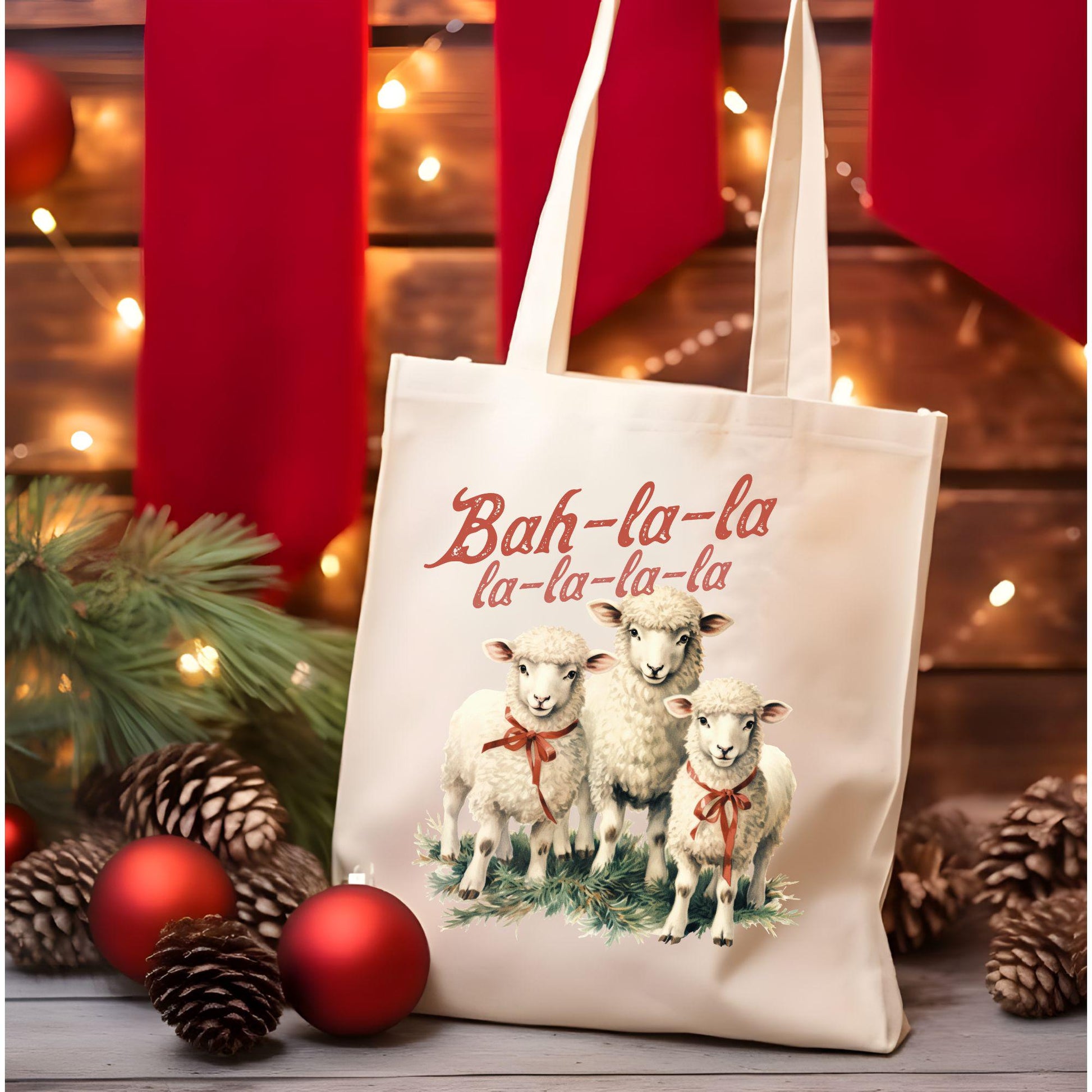 Funny Christmas Sheep Tote Bag, Christmas Cute Bah La La Tote Bag, Holiday Bag, Christmas Gift Bag, Xmas Vacation Tote Bag, Gift Tote Bag