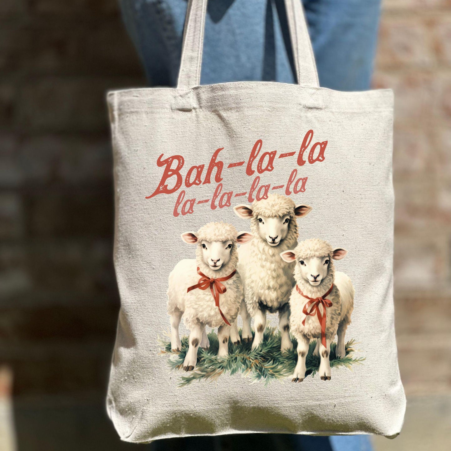 Funny Christmas Sheep Tote Bag, Christmas Cute Bah La La Tote Bag, Holiday Bag, Christmas Gift Bag, Xmas Vacation Tote Bag, Gift Tote Bag