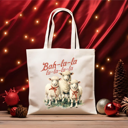 Funny Christmas Sheep Tote Bag, Christmas Cute Bah La La Tote Bag, Holiday Bag, Christmas Gift Bag, Xmas Vacation Tote Bag, Gift Tote Bag