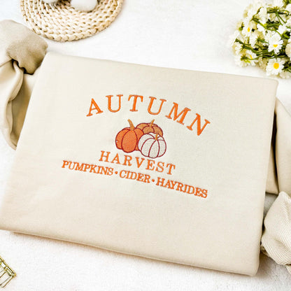 Autumn Harvest Embroidered Sweatshirt, Pumpkin Cider Haydrides Embroidered Hoodie, Oversized Crew Neck Sweatshirt or Hoodie, Unisex