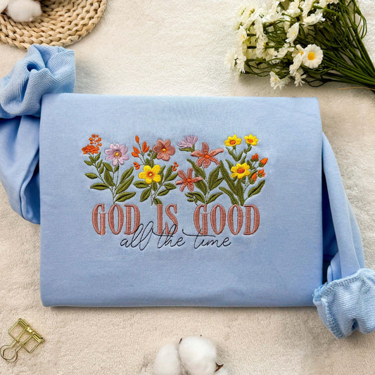 Embroidered God is Good Wildflower Sweatshirt, Botany Embroidered Hoodie, Cottage Core Embroidery T-shirt,Crew Neck Sweatshirt