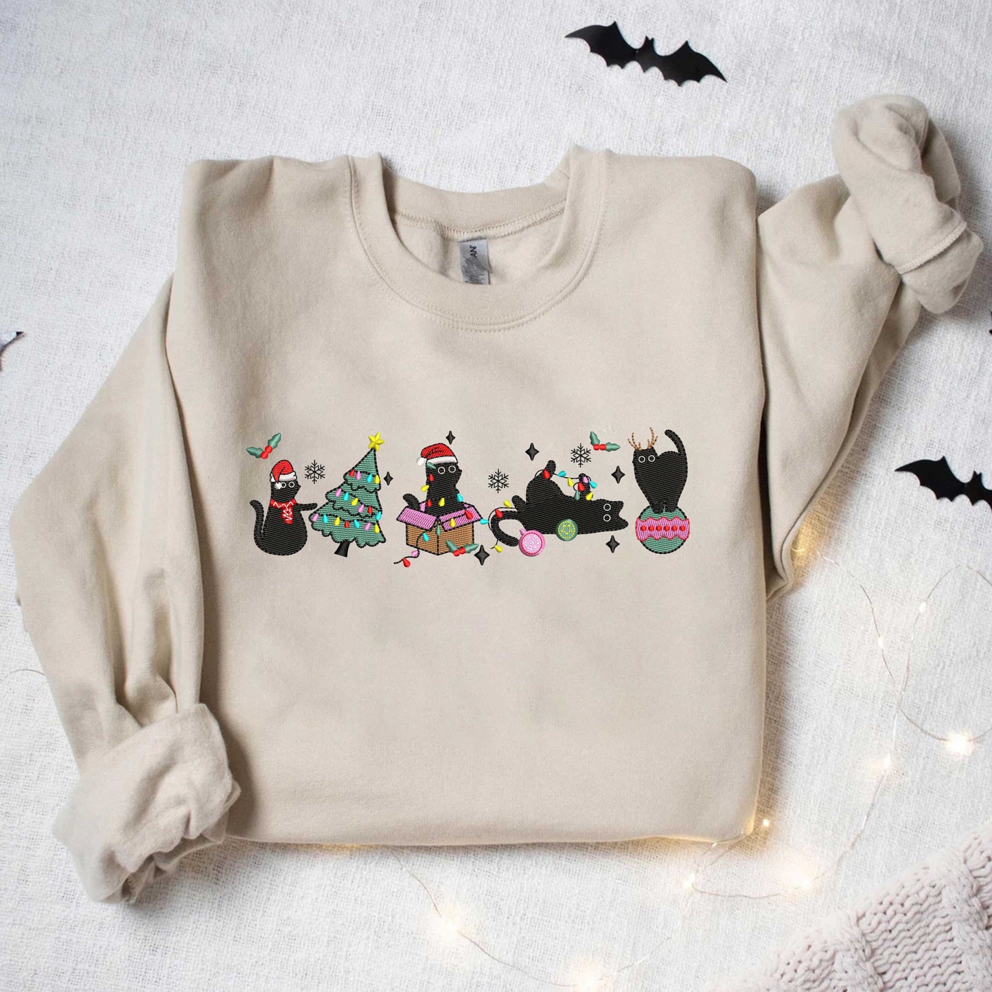 Embroidered Christmas Cats Sweatshirt Meowy Christmas Cats Embroidered Sweatshirt Black Cats Sweatshirt Christmas Embroidered Sweatshirt