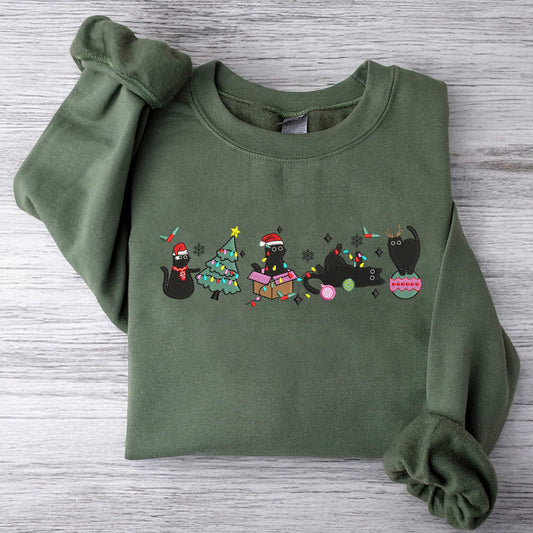 Embroidered Christmas Cats Sweatshirt Meowy Christmas Cats Embroidered Sweatshirt Black Cats Sweatshirt Christmas Embroidered Sweatshirt