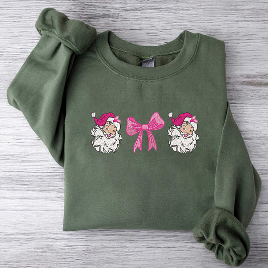 Coquette Bow Santa Sweatshirt Christmas Embroidered Sweatshirt Merry Christmas Sweatshirt Santa Claus Sweatshirt Christmas Sweatshirt