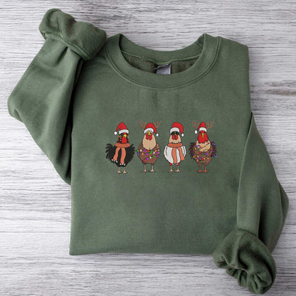 Christmas Chickens Sweatshirt Christmas Embroidered Sweatshirt Christmas Farm Animals Sweatshirt, Christmas Holiday Sweatshirt Gift