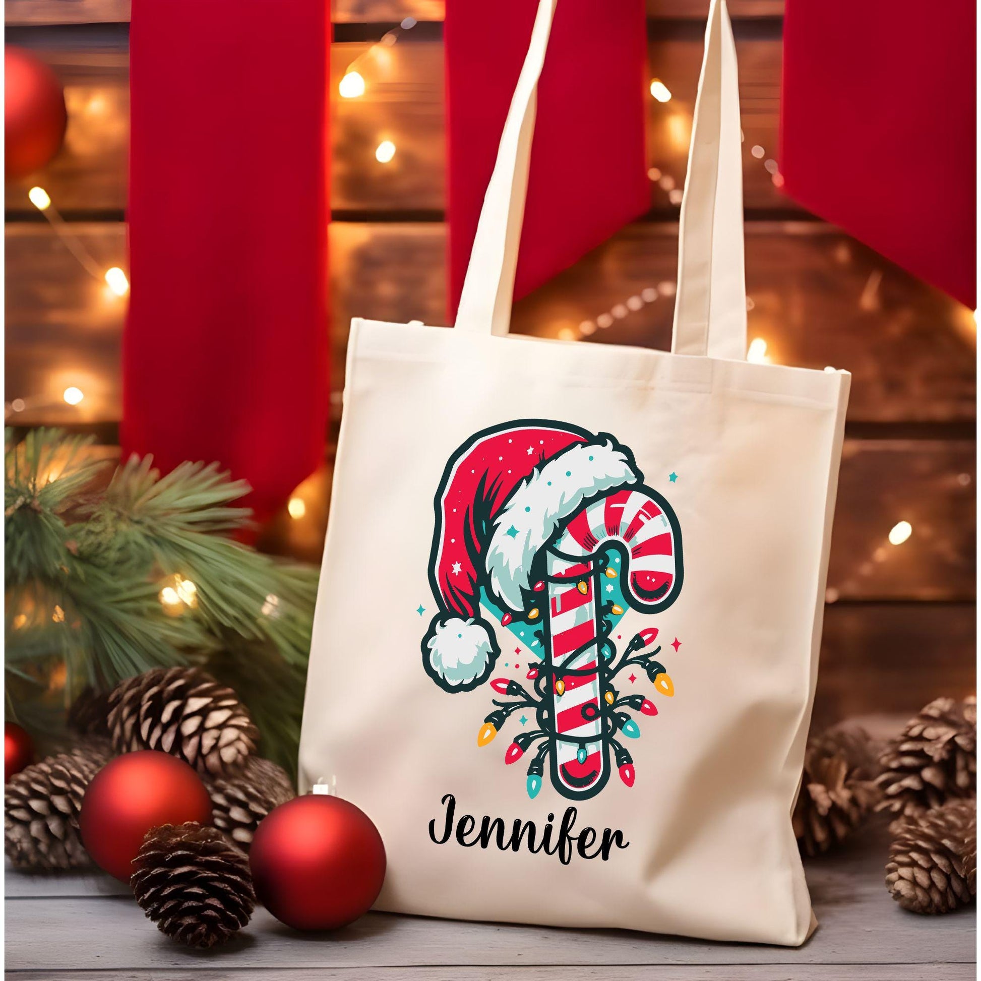 Custom Christmas Candy Cane Tote Bag, Personalized Christmas Bag, Holiday Bag, Christmas Gift Bag, Vacation Tote Bag, Name Tote Bag