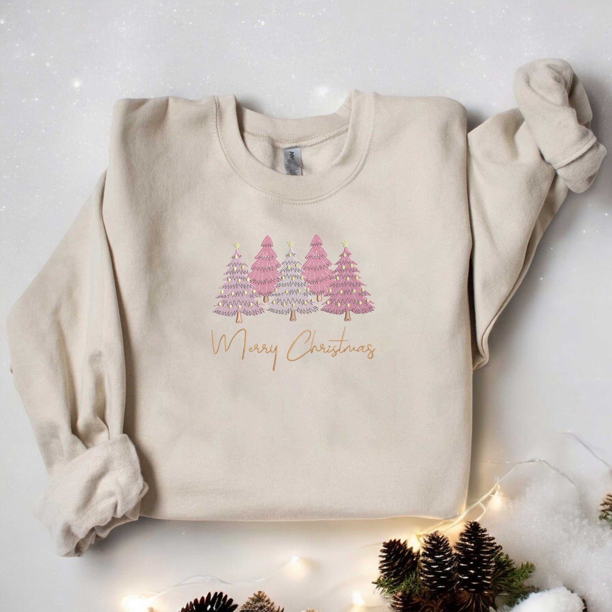 Pink Tree Christmas Sweater Christmas Embroidered Sweater Christmas Crewneck Christmas Tree Sweatshirt Womens Christmas Sweatshirt