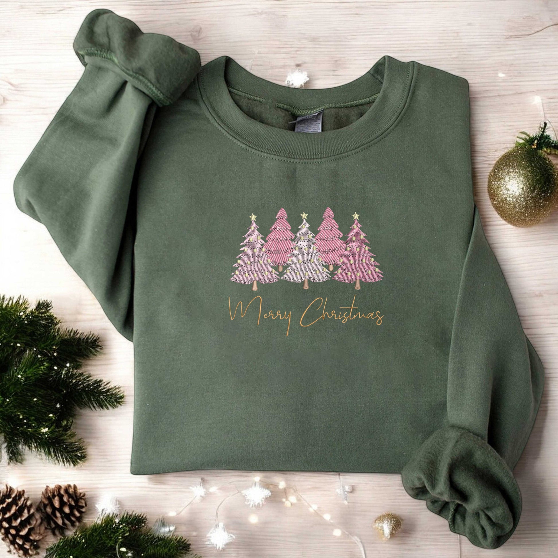 Pink Tree Christmas Sweater Christmas Embroidered Sweater Christmas Crewneck Christmas Tree Sweatshirt Womens Christmas Sweatshirt