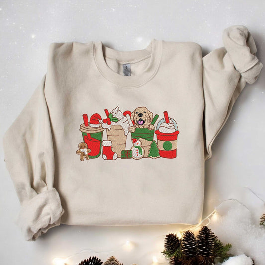 Golden Retriever Christmas Sweatshirt Christmas Embroidered Sweatshirt Coffee Dog Mom Gifts Christmas Dog Sweatshirt Gift for Dog Lover