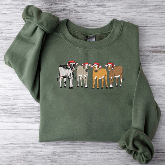 Christmas Cow Sweatshirt Cow Embroidered Sweatshirt Christmas Embroidered Sweatshirt Cow Lover Gift Farm Christmas Sweatshirt