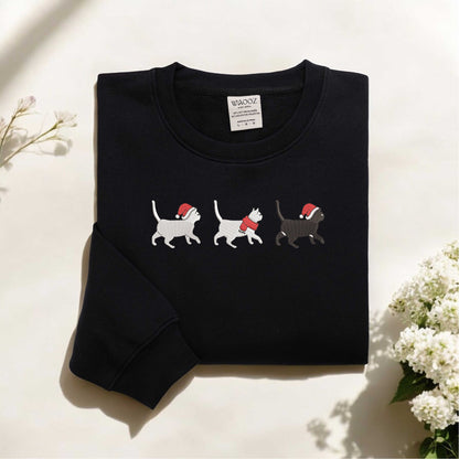 Cute Cat Christmas Sweatshirt Embroidered Cat Sweatshirt Cat Lover Gift For Christmas Womens Christmas Sweatshirt Holiday Sweatshirt