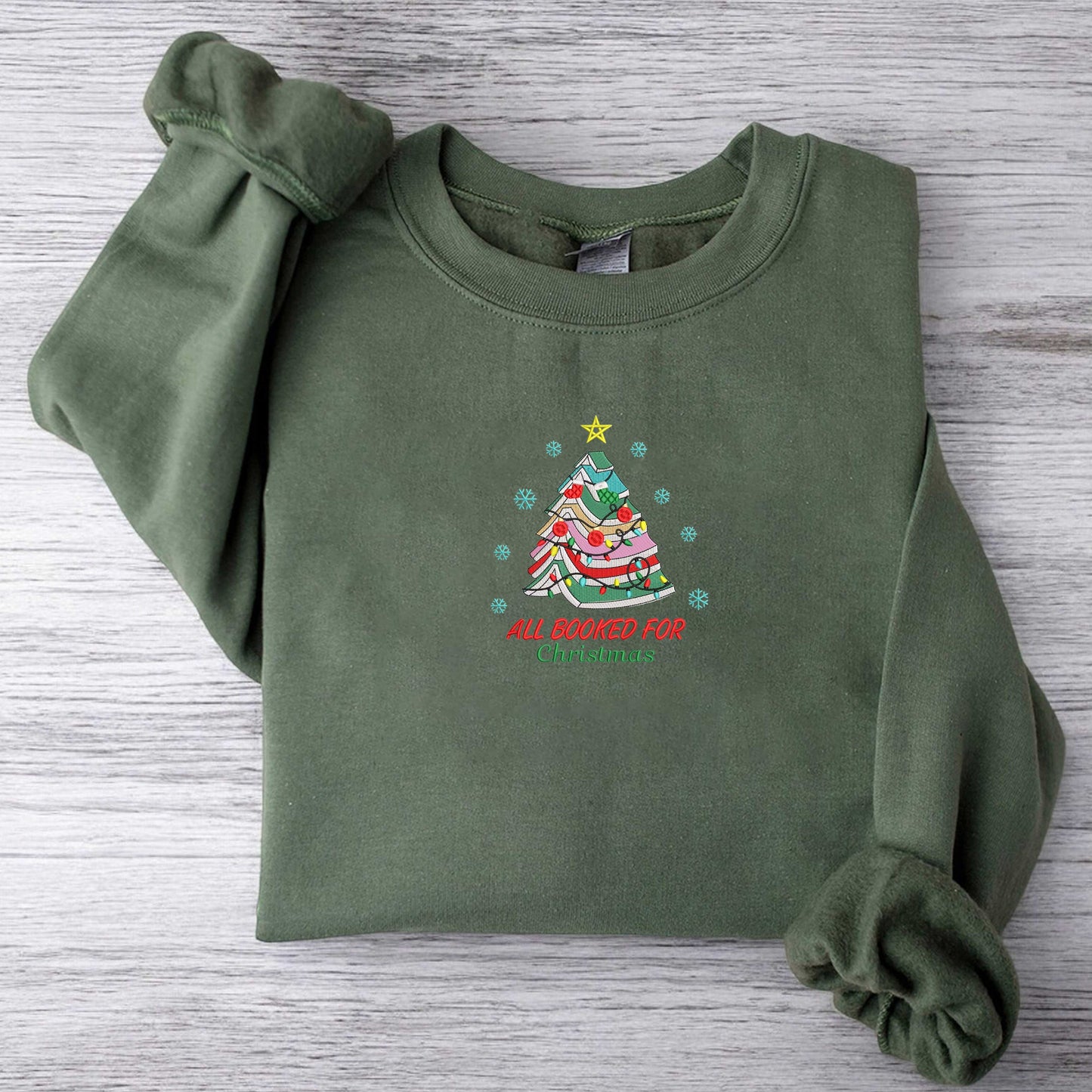 Embroidered All Booked For Christmas Sweatshirt Gift for Librarian Bookworm Christmas Sweater Christmas Book Tree Sweatshirt