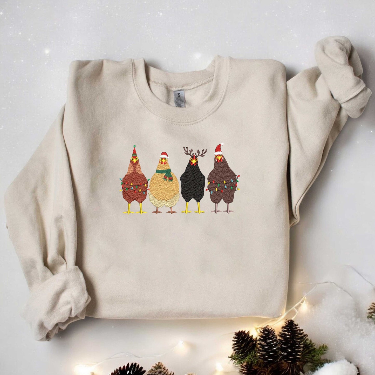 Cute Christmas Chickens Sweatshirt Christmas Chickens Embroidered Sweatshirt Christmas Farm Animals Sweatshirt Womens Christmas Sweatshirt