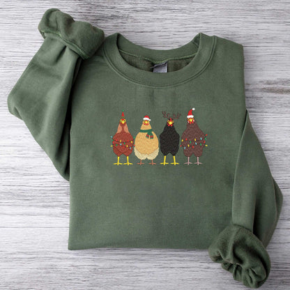 Cute Christmas Chickens Sweatshirt Christmas Chickens Embroidered Sweatshirt Christmas Farm Animals Sweatshirt Womens Christmas Sweatshirt