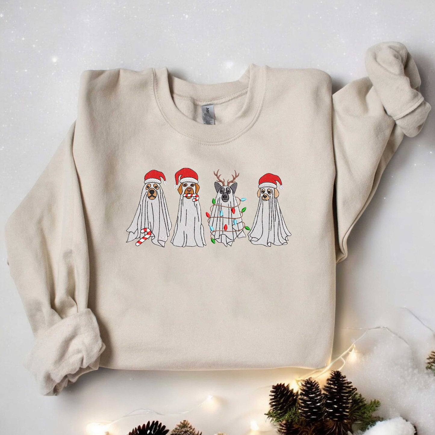 Christmas Dogs Sweatshirt Embroidered Dog Sweatshirt Dog Lover Sweater Christmas Ghost Dog Sweatshirt Gift for Dog Lover, Dog Mom Sweatshirt