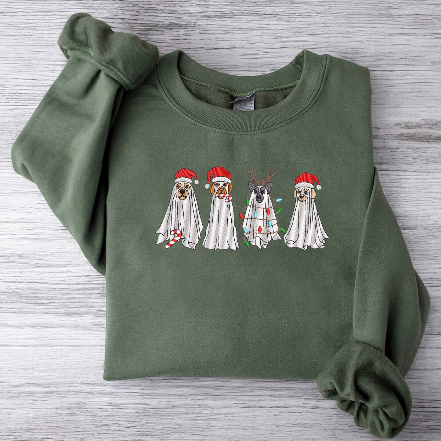 Christmas Dogs Sweatshirt Embroidered Dog Sweatshirt Dog Lover Sweater Christmas Ghost Dog Sweatshirt Gift for Dog Lover, Dog Mom Sweatshirt