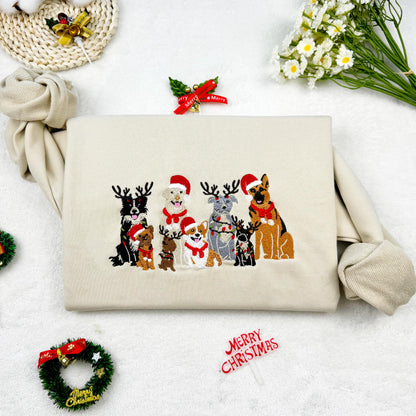 Christmas Dog Family Embroidered Sweatshirt, Cute Dogs Embroidered Hoodie, Dog Lover Embroidered Sweater, Unisex Crew Neck Sweatshirt