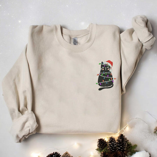 Embroidered Black Cat Sweatshirt Cute Cat Christmas Sweatshirt Womens Christmas Sweatshirt Holiday Sweatshirt Cat Mom Sweatshirt