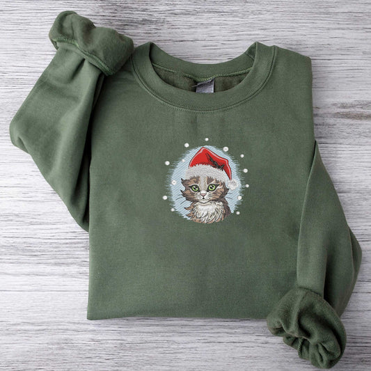 Embroidered Christmas Cat Sweatshirt Cute Christmas Cat Sweatshirt Embroidered Santa Cat Sweatshirt Holiday Sweatshirt Christmas Sweatshirt