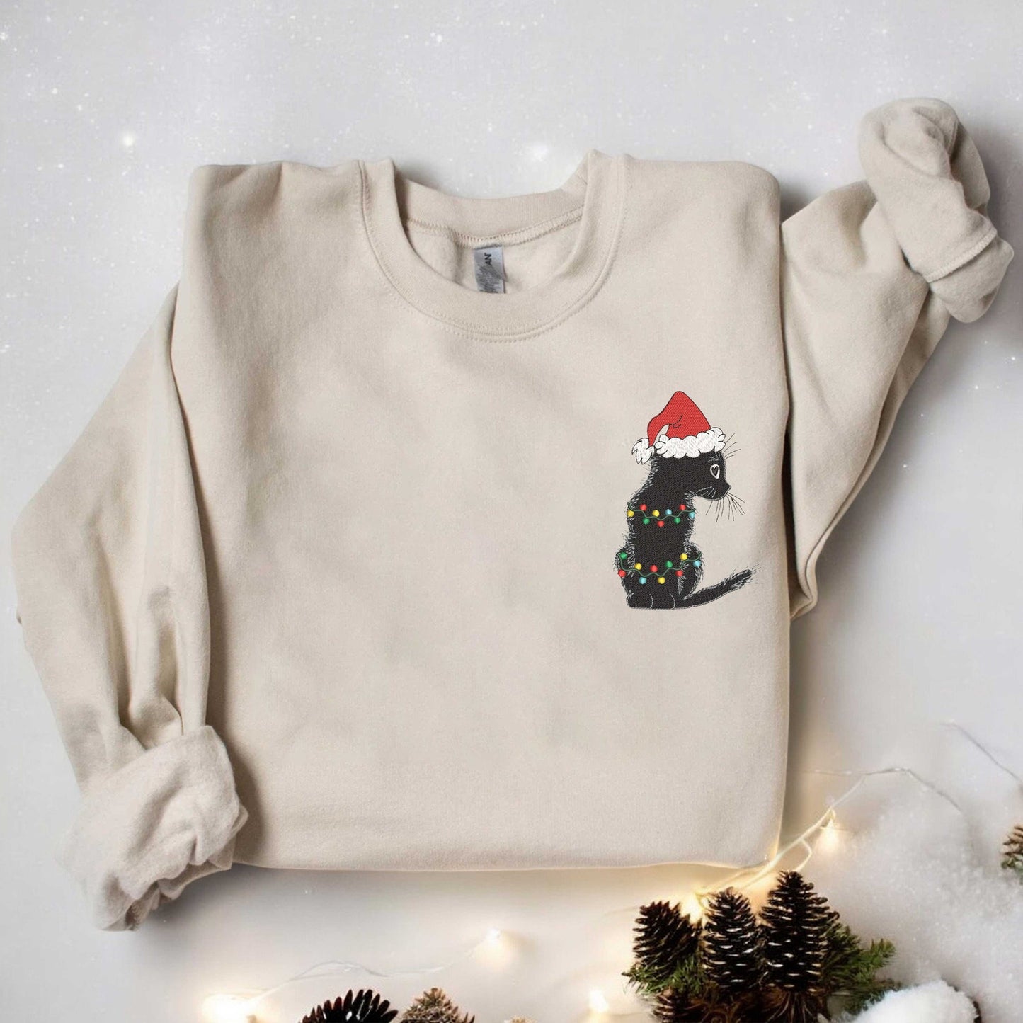 Embroidered Black Cat Sweatshirt Christmas Embroidered Sweatshirt Meowy Christmas Sweatshirt Gift for Cat Lovers Black Cat Lover Gift