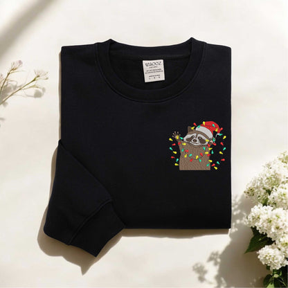 Christmas Raccoon Embroidered Sweatshirt Funny Christmas Lights Raccoon Sweater Christmas Raccoon Sweatshirt Funny Animal Sweatshirt