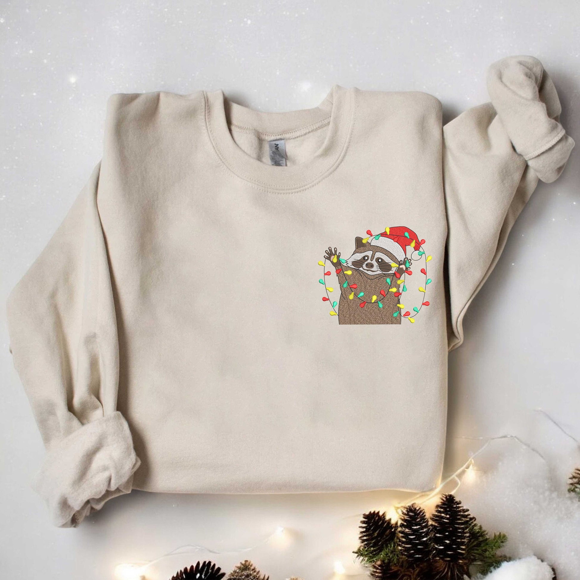 Christmas Raccoon Embroidered Sweatshirt Funny Christmas Lights Raccoon Sweater Christmas Raccoon Sweatshirt Funny Animal Sweatshirt