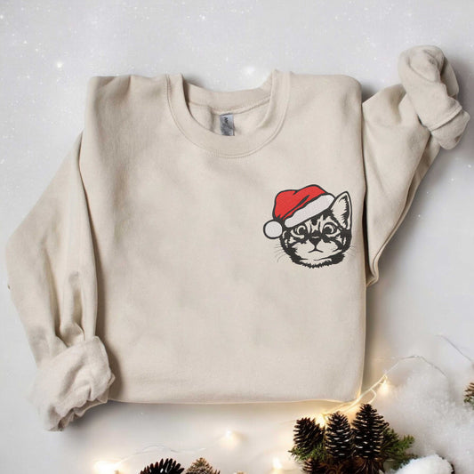 Embroidered Cat Christmas Sweatshirt Christmas Embroidered Sweatshirt Meowy Christmas Sweatshirt Funny Christmas Sweater Gift for Cat Lovers