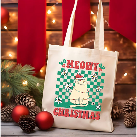 Meowy Christmas Tote Bag, Christmas Cute Cat Tote Bag, Holiday Bag, Christmas Gift Bag, Vacation Tote Bag, Gift Tote Bag