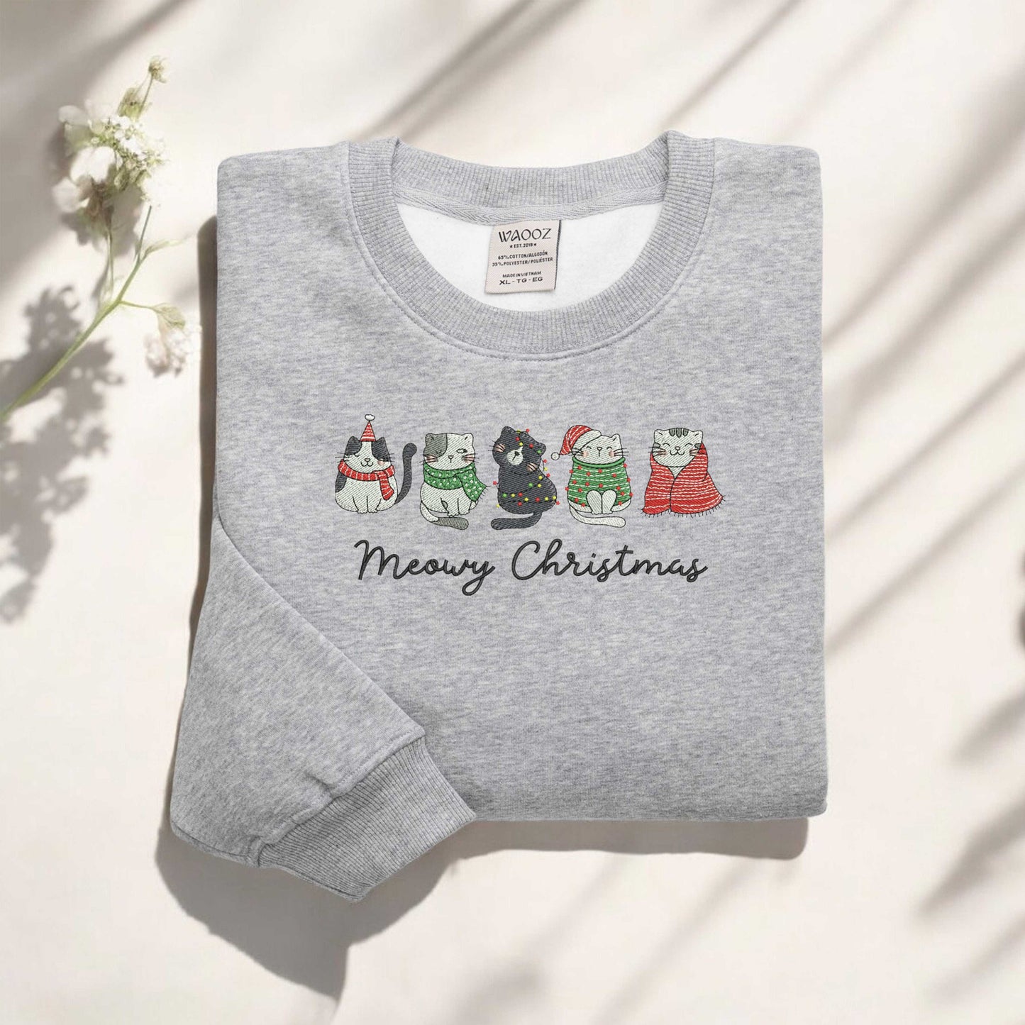 Meowy Christmas Embroidered Sweatshirt Christmas Cat Sweatshirt Happy Cat Year Sweatshirt Funny Cat Lover Christmas Sweatshirt