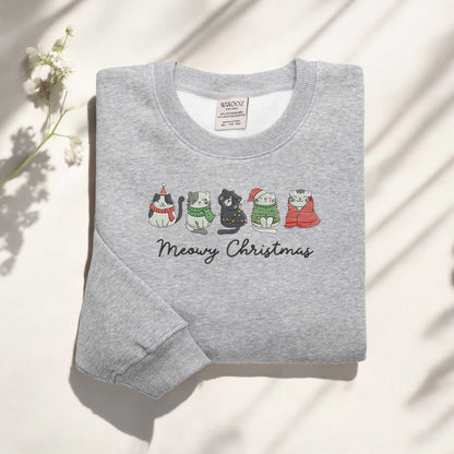 Meowy Christmas Embroidered Sweatshirt Christmas Cat Sweatshirt Happy Cat Year Sweatshirt Funny Cat Lover Christmas Sweatshirt