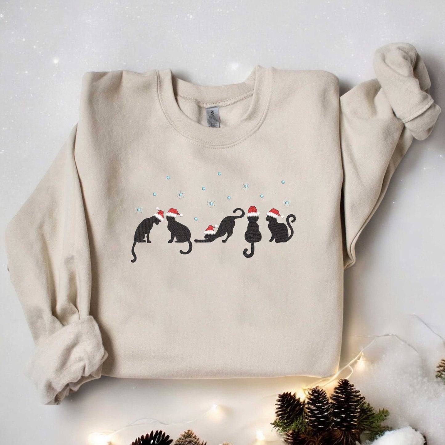 Embroidered Black Cat Sweatshirt Cute Christmas Cat Sweatshirt Funny Xmas Sweater Embroidered Christmas Cat Crewneck Sweater Cat Santa Gifts