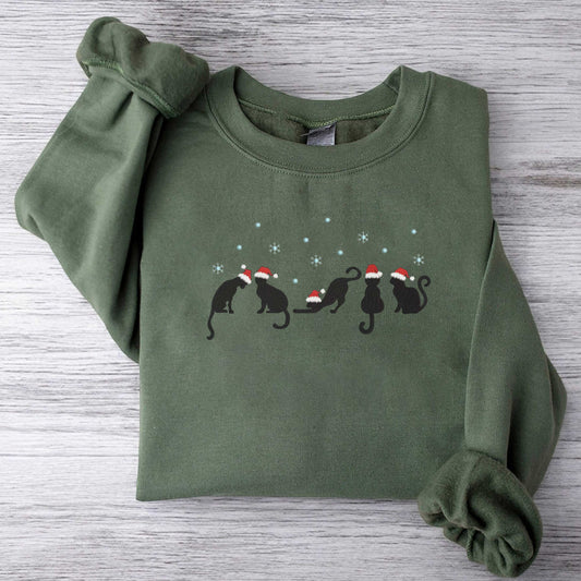 Embroidered Black Cat Sweatshirt Cute Christmas Cat Sweatshirt Funny Xmas Sweater Embroidered Christmas Cat Crewneck Sweater Cat Santa Gifts