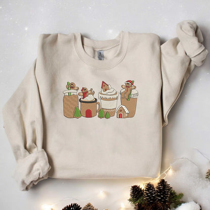 Embroidered Gingerbread Christmas Coffee Sweatshirt Christmas Coffee Sweatshirt Women Holiday Sweater Xmas Sweatshirt Coffee Lover gift