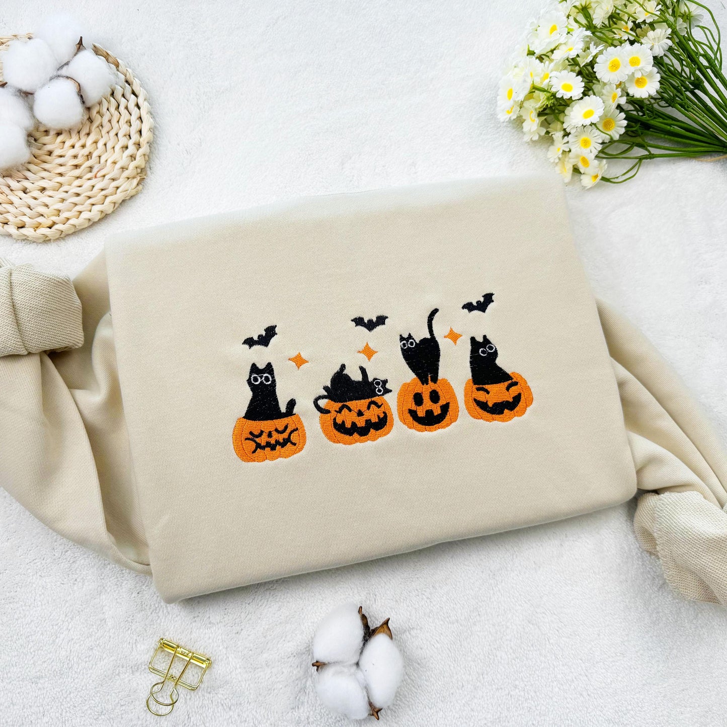 Embroidered Cat Play Pumpkin Sweatshirt, Halloween Pumpkin Embroidered Sweatshirt, Oversized Crew Neck Sweatshirt or Hoodie, Unisex T-shirt